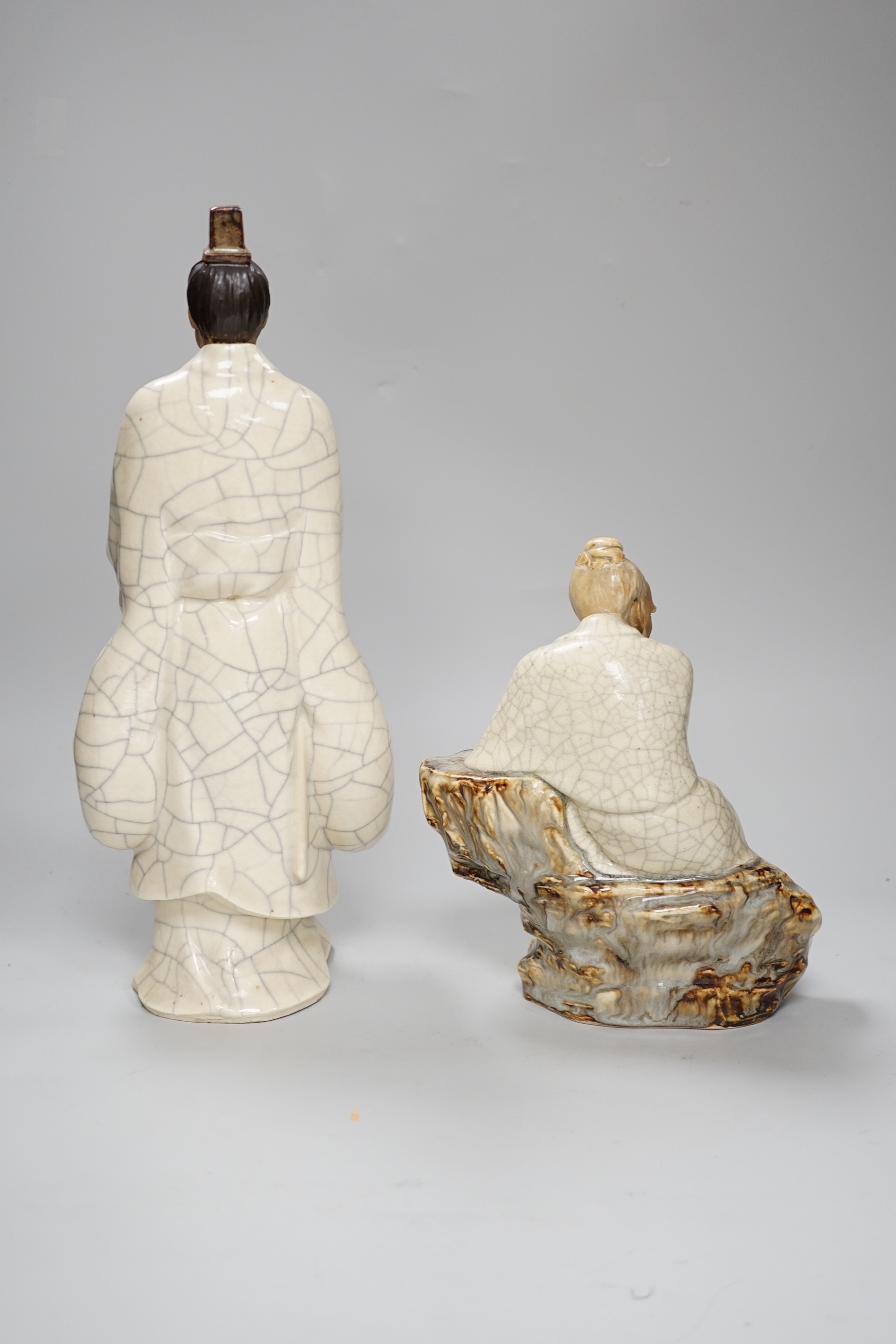 Two large Chinese Shiwan pottery figures and a vase, tallest 35cm